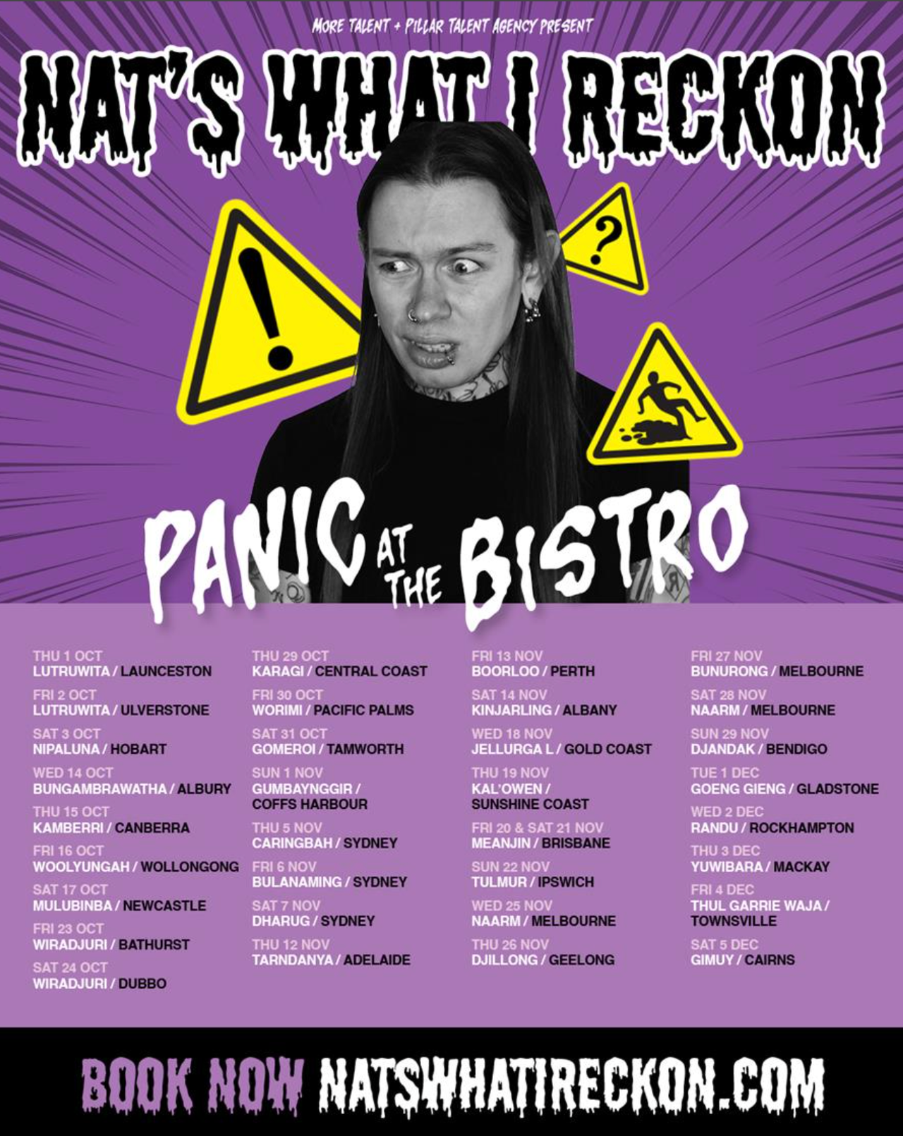 Nat's What I Reckon Panic at the Bistro Australian comedy tour poster listing show dates and locations over a purple background with hazard signs.